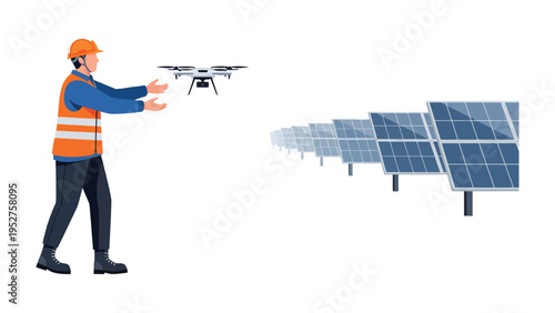 Solar Panel Inspection: An inspector harnesses the power of technology, skillfully operating a drone to meticulously examine a field of solar panels for optimal efficiency.