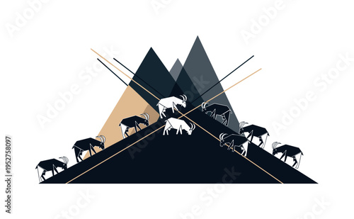 Black and white herd of goats grazing along a slope, stylized geometric mountain arcs intersecting the composition, thin diagonal lines suggesting terrain