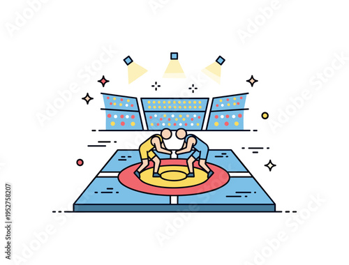 Wrestling mat and arena atmosphere illustrated by a circular mat icon with two simplified athletes in the center and small spotlight accents above, conveying