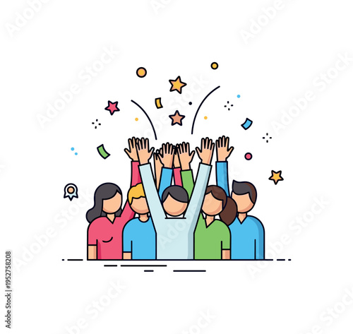 Group celebration centered on a cluster of stylized people raising their hands together, with small confetti and star accents expressing shared joy and