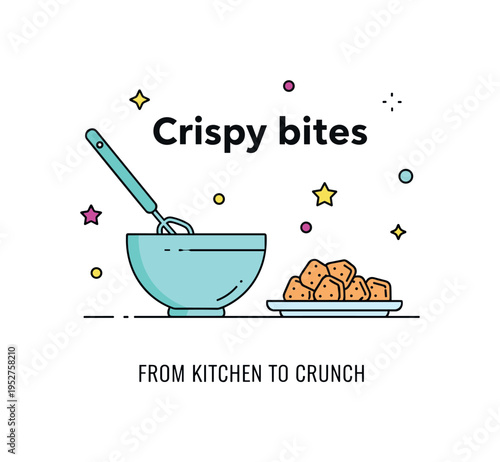 Crispy bites homemade recipe concept featuring a mixing bowl and a small plate of finished crunchy pieces beside it. A subtle ?From Kitchen to Crunch? caption