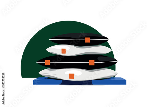 Black and white stack of cushions arranged asymmetrically, large deep forest green semicircle anchoring the stack, cobalt blue horizontal bar grounding the