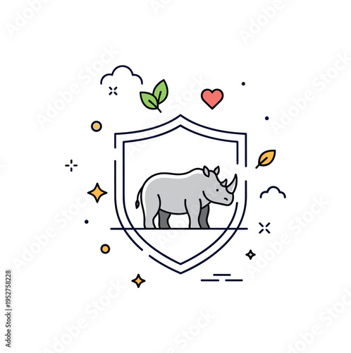 Savanna wildlife conservation highlighting a rhino protected within a subtle shield outline, with tiny leaf and heart symbols reinforcing care and