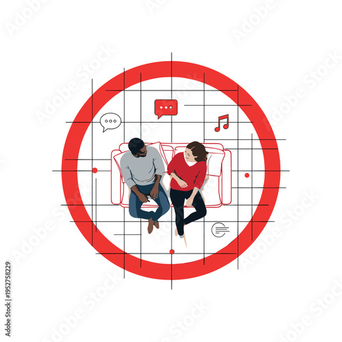 Black and white friends sitting on a couch viewed from above, combined with bold red circular frame and structured grid lines forming a cozy shared space,