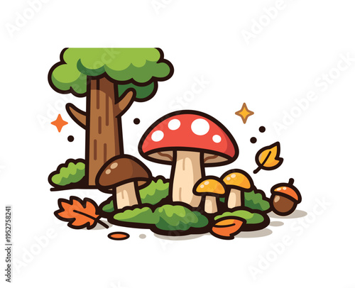 Autumn forest mushrooms growing beneath a tall tree with scattered leaves and soft patches of moss forming a small natural habitat. The composition highlights