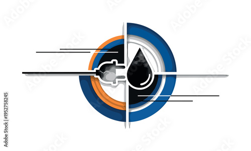 A monochrome electric vehicle plug merging with a biofuel droplet, surrounded by bold geometric semicircles and concentric halos representing hybrid