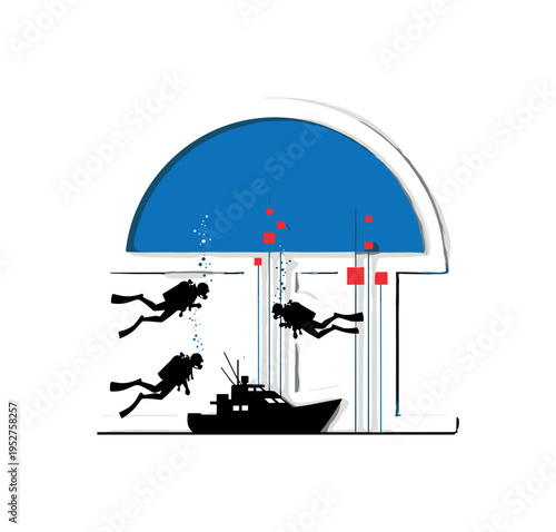 Realistic monochrome scuba divers surfacing near a boat silhouette, highlighted by a blue semicircle positioned above and small red square accents representing