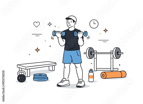 Gym strength training. A person lifting light weights with controlled posture, simple gym equipment around, calm focused expression. The scene shows
