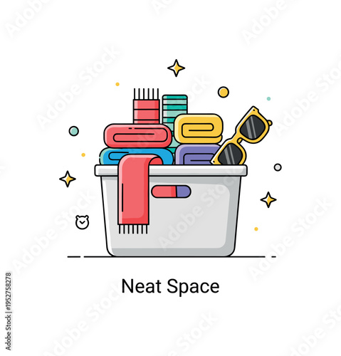 Storing scarves and accessories in bins organized closet concept illustrated by a simple storage bin filled with neatly folded scarves and a pair of sunglasses