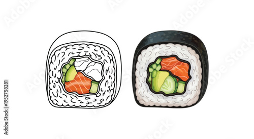 Vector illustration set showing colored and outline versions of a delicious salmon and avocado sushi roll