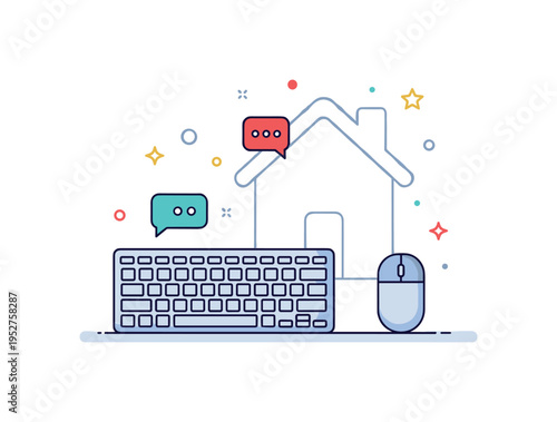 Remote work setup concept featuring a compact keyboard and mouse placed beside a subtle home outline icon to express flexible work environments and digital