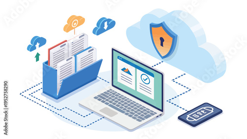 Isometric data protection concept with laptop cloud storage and security shield symbolizing online safety and cybersecurity measures