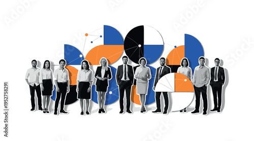 A black and white group of diverse office workers standing together, realistic figures combined with bold geometric circles and semicircles overlapping to