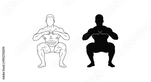 Vector graphic illustration showing male body squat exercise outline and silhouette