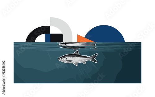 A realistic monochrome fish just beneath a perfectly smooth water surface, reflection simplified into geometric arcs and abstract blocks above, layered collage