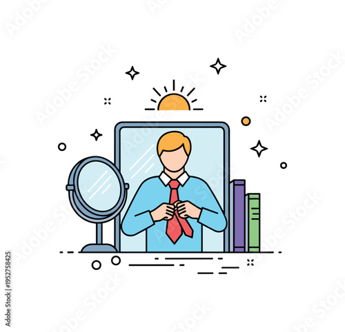 Morning mirror confidence moment featuring a figure straightening a tie beneath a small rising sun icon, symbolizing new beginnings, optimism, and self