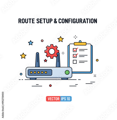 Router setup and configuration theme centered on a router device paired with a small gear icon and checklist symbol, expressing installation, optimization, and