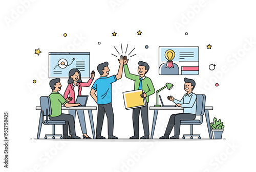 Entrepreneurs celebrating a successful milestone together in a bright collaborative office, high-fiving and smiling, conveying achievement, teamwork, and