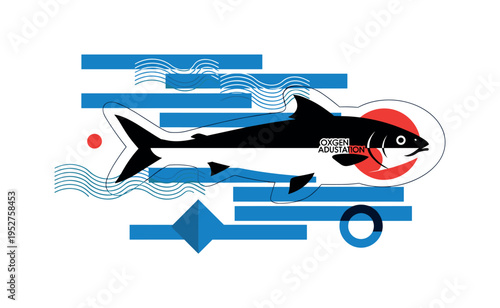 Black and white fish with streamlined body cutting through bold blue horizontal shapes symbolizing water currents, red circular accent highlighting gills for