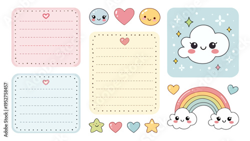 Kawaii memo note vector bundle with cute cloud rainbow heart and star stickers for sweet stationery