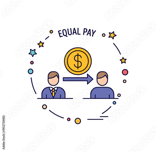Equal pay awareness badge centered on a coin icon balanced between two simplified figures, expressing financial fairness and workplace equity. The cohesive