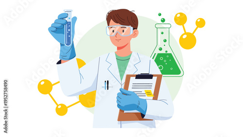 Scientific Breakthrough: A dedicated scientist conducts experiments, meticulously examining a test tube within a vibrant lab environment, signifying innovation and scientific discovery.
