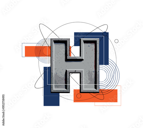 A monochrome close-up of a single bold letter H carved in stone texture, surrounded by geometric circles and thin orbital lines, rectangular color blocks