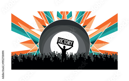 Black and white crowd silhouette with central figure holding a bold "Victory" banner forward, oversized abstract circle anchoring the background, vivid orange