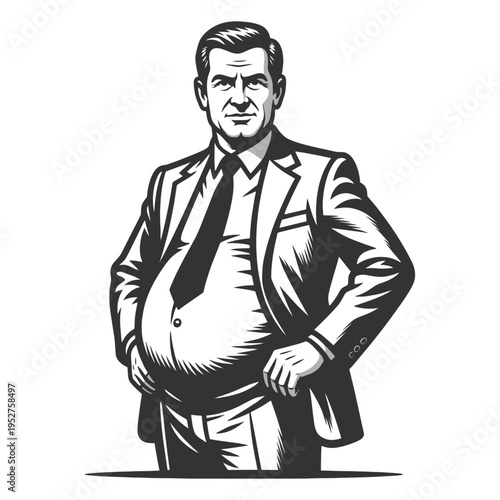 confident businessman with a large belly standing proudly sketch engraving generative ai fictional character vector illustration. Scratch board imitation. Black and white image.