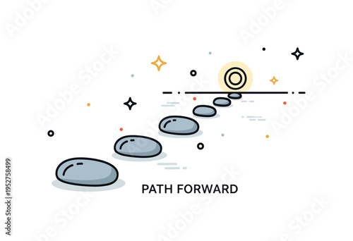 Enlightenment path stepping stones journey scene featuring small rounded stones leading toward a glowing circle symbol, conveying gradual progress and mindful