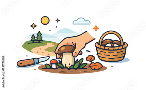 Mushroom picking adventure along a woodland trail where a hand gently lifts a porcini mushroom from the forest floor beside a small knife and wicker basket.