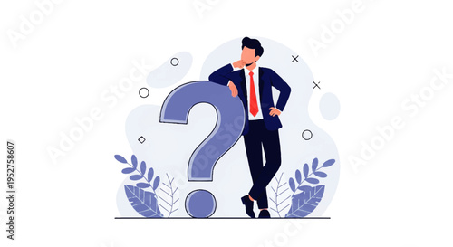 A man in a business suit and red tie stands confidently next to a large question mark in a Vector Flat Design Ilustration with a thoughtful expression and a minimalist background.