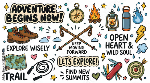 Adventure and Outdoor Exploration Doodles: Boots, Map, Compass