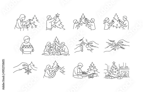 Holiday Tree Decorating Moments. Minimalistic set one-line drawing mother and child hanging bauble, father placing star topper, siblings decorating together,