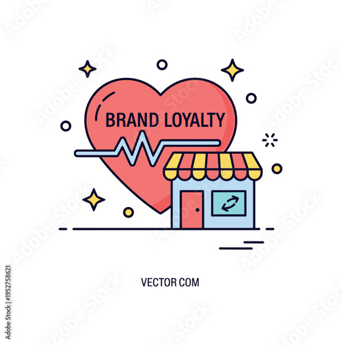 Brand loyalty connection theme centered on a heart combined with a small storefront icon, symbolizing emotional attachment and repeat purchases. The scene