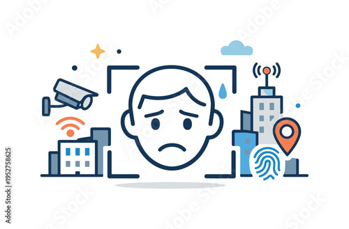 Facial recognition concern shown as a stylized face outlined by scanning frames and city icons, conveying unease about biometric control in smart urban