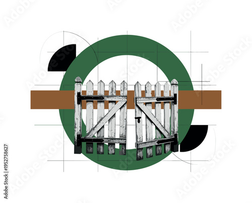 Black and white gate section of a rustic fence slightly open, oversized forest green circular frame behind the gate, warm brown rectangular accent crossing