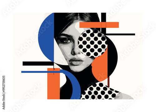 black and white fashion model face partially covered by overlapping geometric shapes, bold circular pattern suggesting textile print, minimal lines and