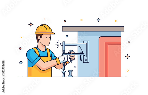 Worker tightening screws and brackets to secure a countertop firmly in place, illustrating technical skill, safety, and proper installation. Minimalist flat