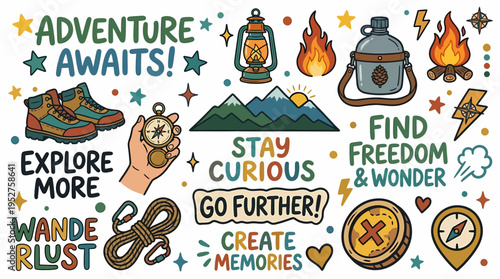 Adventure Awaits! Explore More, Wanderlust, Camping Gear Icons