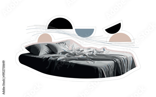 A black and white vintage bed with soft flowing sheets gently draped, realistic fabric texture contrasted with bold geometric semicircles floating above like