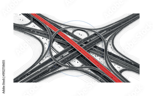 Black and white aerial perspective of wind turbines forming geometric pattern, bold blue block grounding lower composition, orange circular accent near central