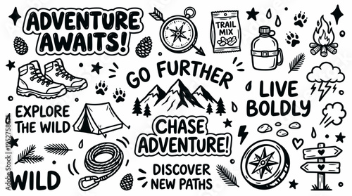 Adventure Awaits! Outdoor Camping Hiking Doodle Elements