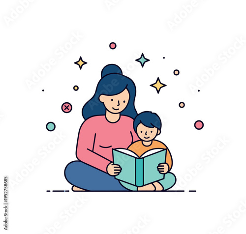 Bedtime story moment mom seated beside child with an open book and soft star accents above, expressing nurturing guidance and shared imagination. Minimalist