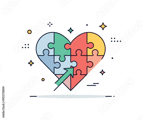 Resilient together interlocking puzzle pieces forming a heart shape with subtle upward arrow accent. A hopeful editorial illustration about unity, cooperation,