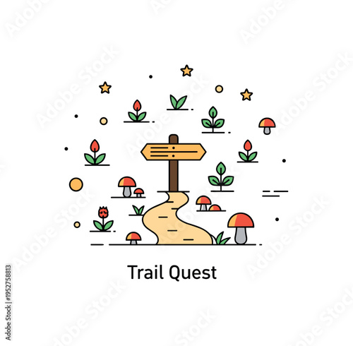 Nature scavenger hunts forest trail concept featuring a simple path signpost surrounded by tiny plant and mushroom shapes, symbolizing guided exploration and