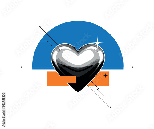 Black and white metallic heart with glossy finish stylized in Y2K aesthetic, bold blue semicircle behind upper portion suggesting digital sky, orange rectangle