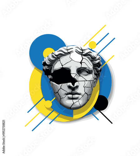 Black and white statue head cracked and partially fragmented, combined with overlapping blue and yellow circles suggesting duality of old myth and modern