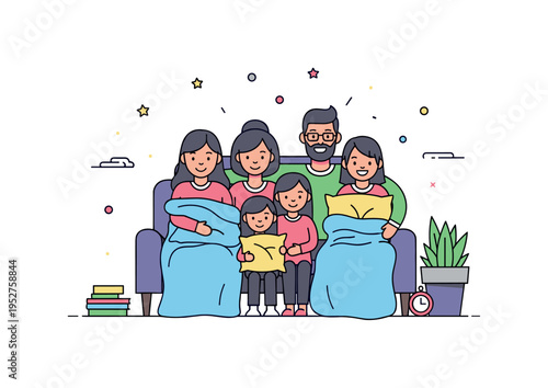 Family members sharing cozy blankets and pillows while watching a movie, highlighting comfort, togetherness, and warm interactions. Minimalist flat vector