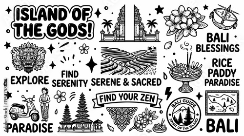 Bali Travel Doodle Art: Island of Gods, Rice Terraces, Culture